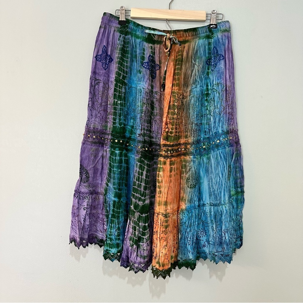 Charlie Paige Vintage Indian Size L/XL Midi Skirt Boho Flowy Crinkle Multicolor - Picture 1 of 7